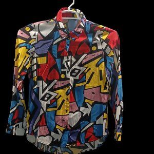Big Dart Womens M Shirt Colorful Abstract Art Blouse 80s 90s Y2K Retro Buttons